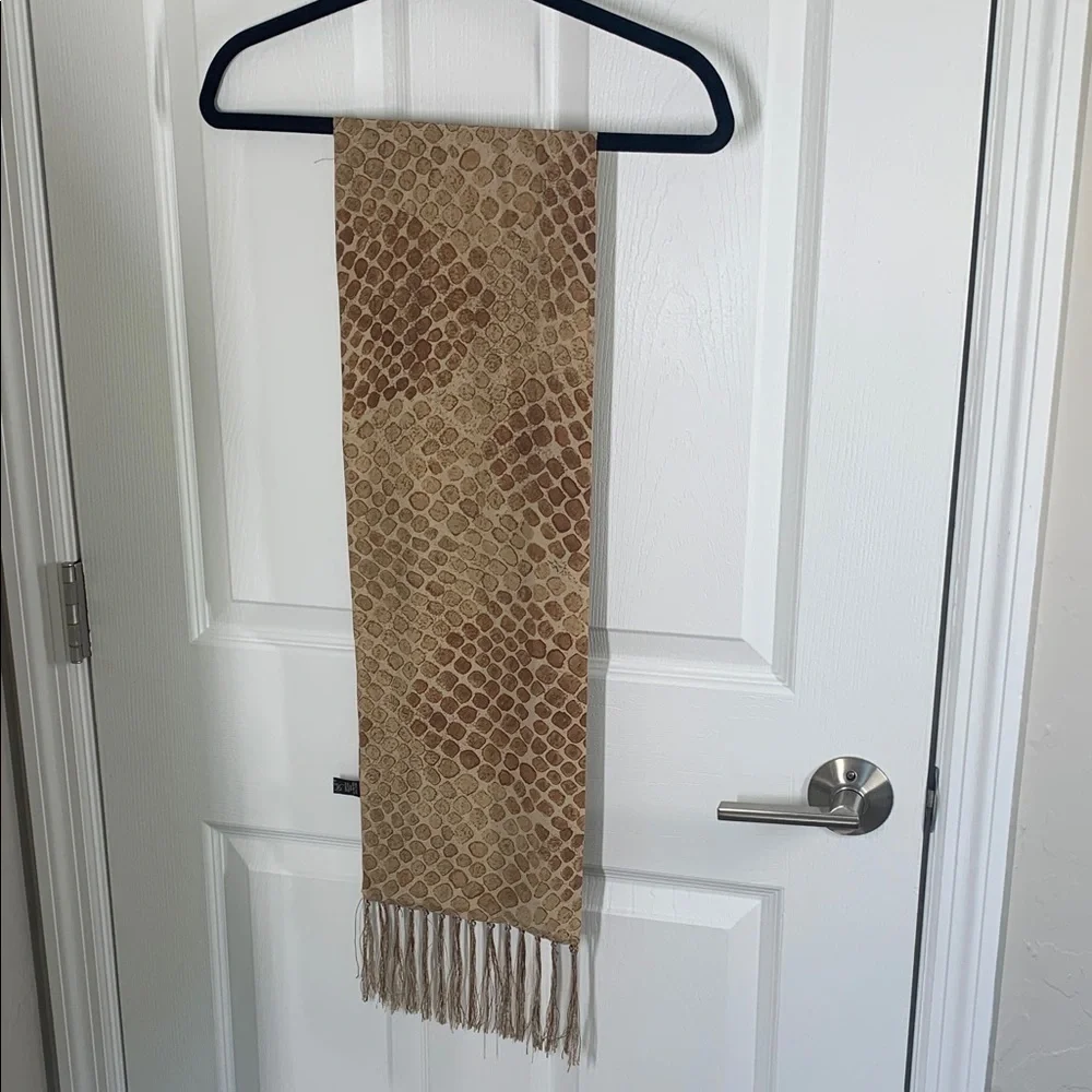 Francesca Made in Italy silk scarf tan animal print with fringe